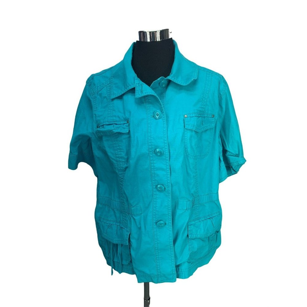 CHICO'S Light Jacket 3 L/XL Turquoise short sleeve Button Up Camp shirt Cover Up